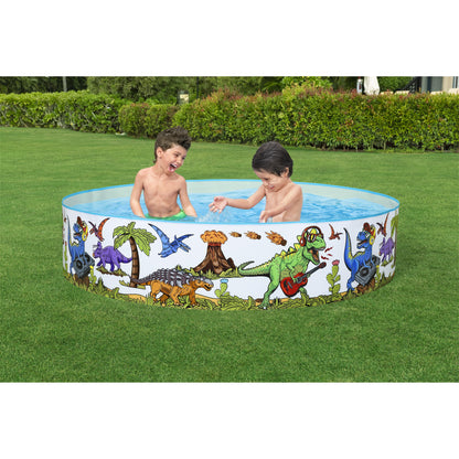 Piscina infantil dinosaurio, circular, vista lateral, niños jugando en el jardín