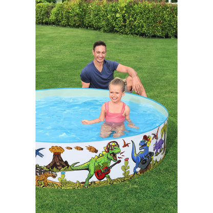 piscina infantil dinosaurio, color azul, vista lateral en jardín