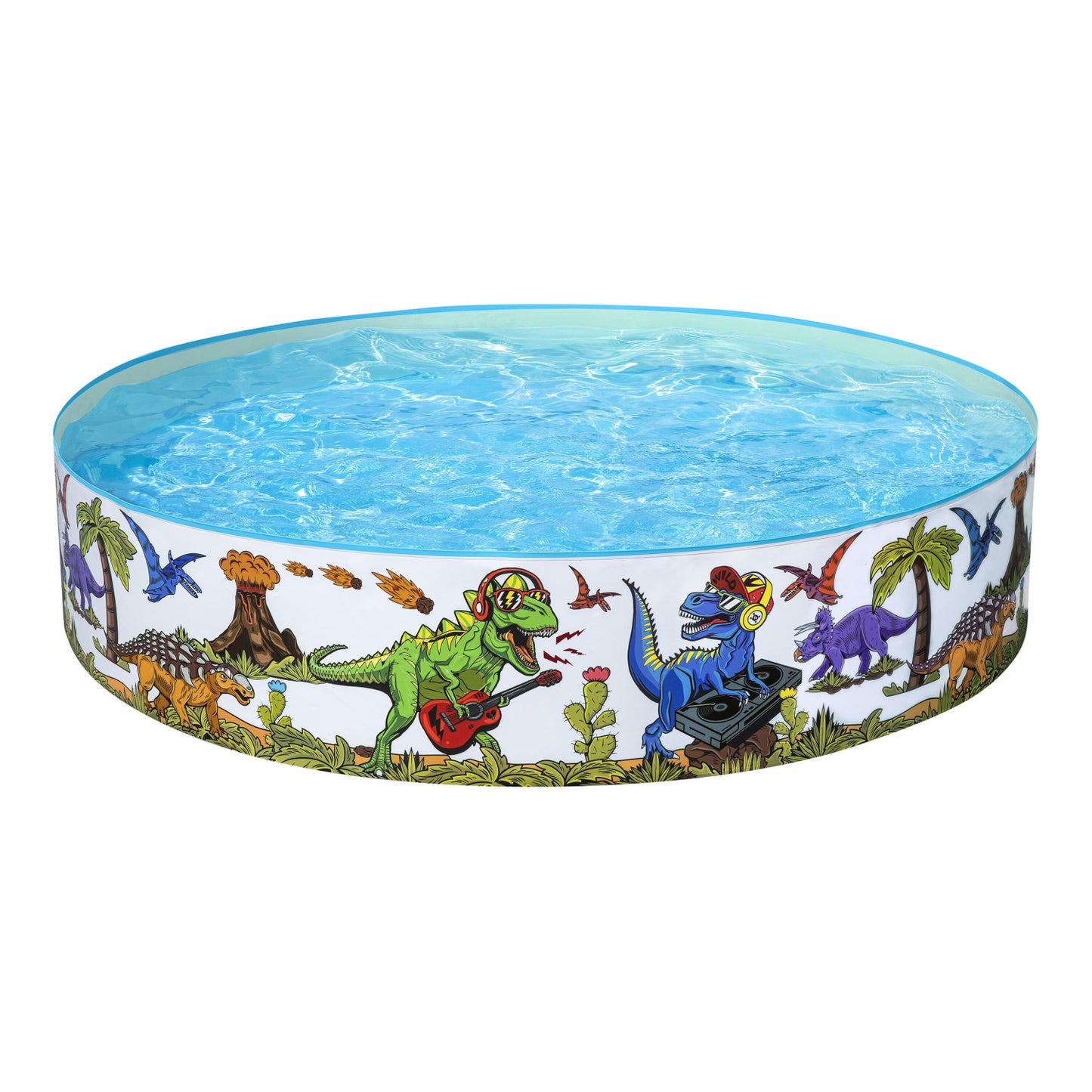 piscina infantil dinosaurio circular, color azul, vista lateral con diseño colorido