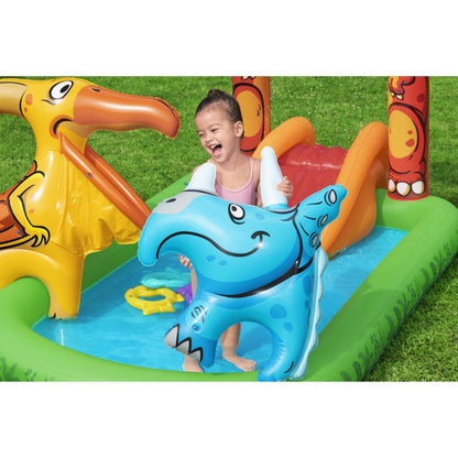 piscina infantil temática dinosaurio con tobogán y flotador de dinosaurio azul