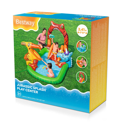 Piscina infantil temática dinosaurio multicolor, vista frontal del centro de juegos