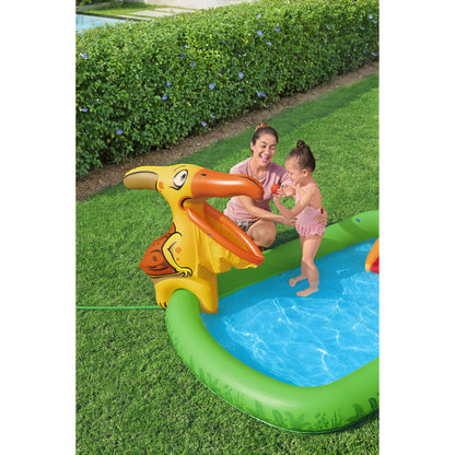 piscina infantil temática dinosaurio, inflable con diseño colorido, jardín
