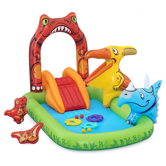 Piscina infantil temática dinosaurio con tobogán y figuras, jardín de verano
