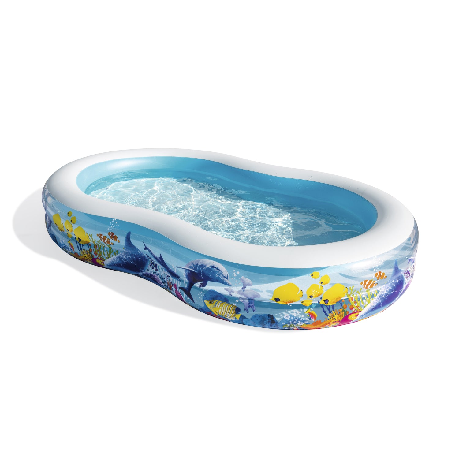 piscina inflable familiar Bestway ovalada con decoración marina, vista lateral