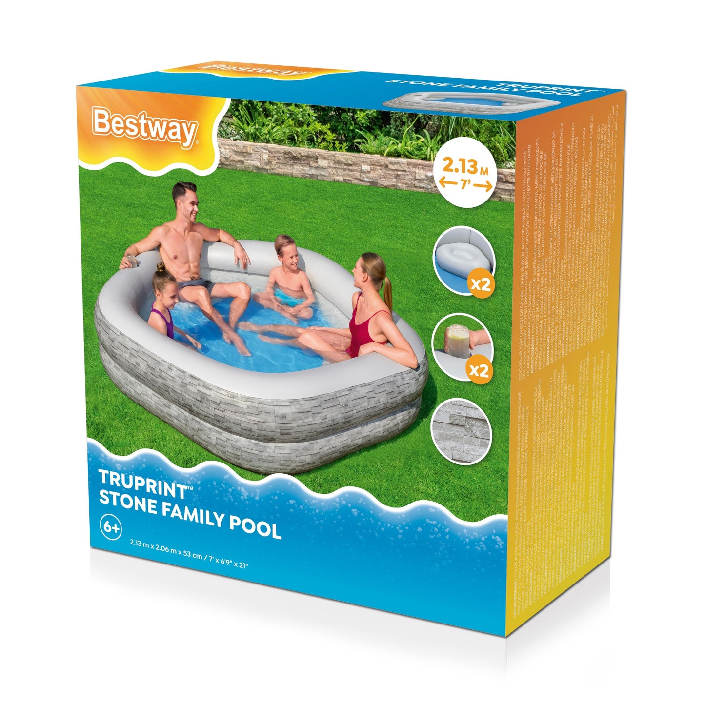 Piscina inflable familiar Bestway color gris con vista frontal y personas disfrutando