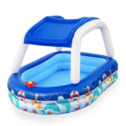 Piscina inflable familiar con sombra, azul con diseño en los lados