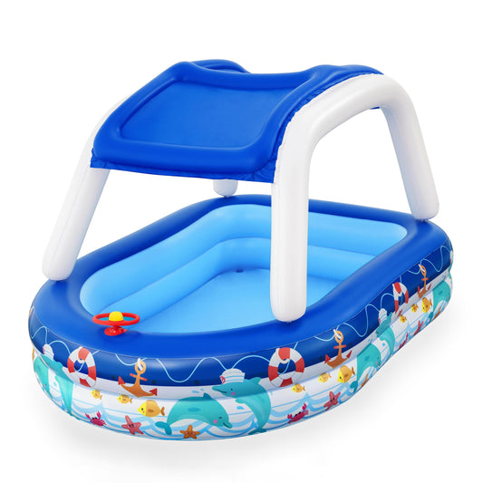 Piscina inflable familiar con sombra, azul con diseño en los lados