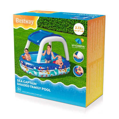 piscina inflable familiar con sombra, azul, vista lateral, niños jugando