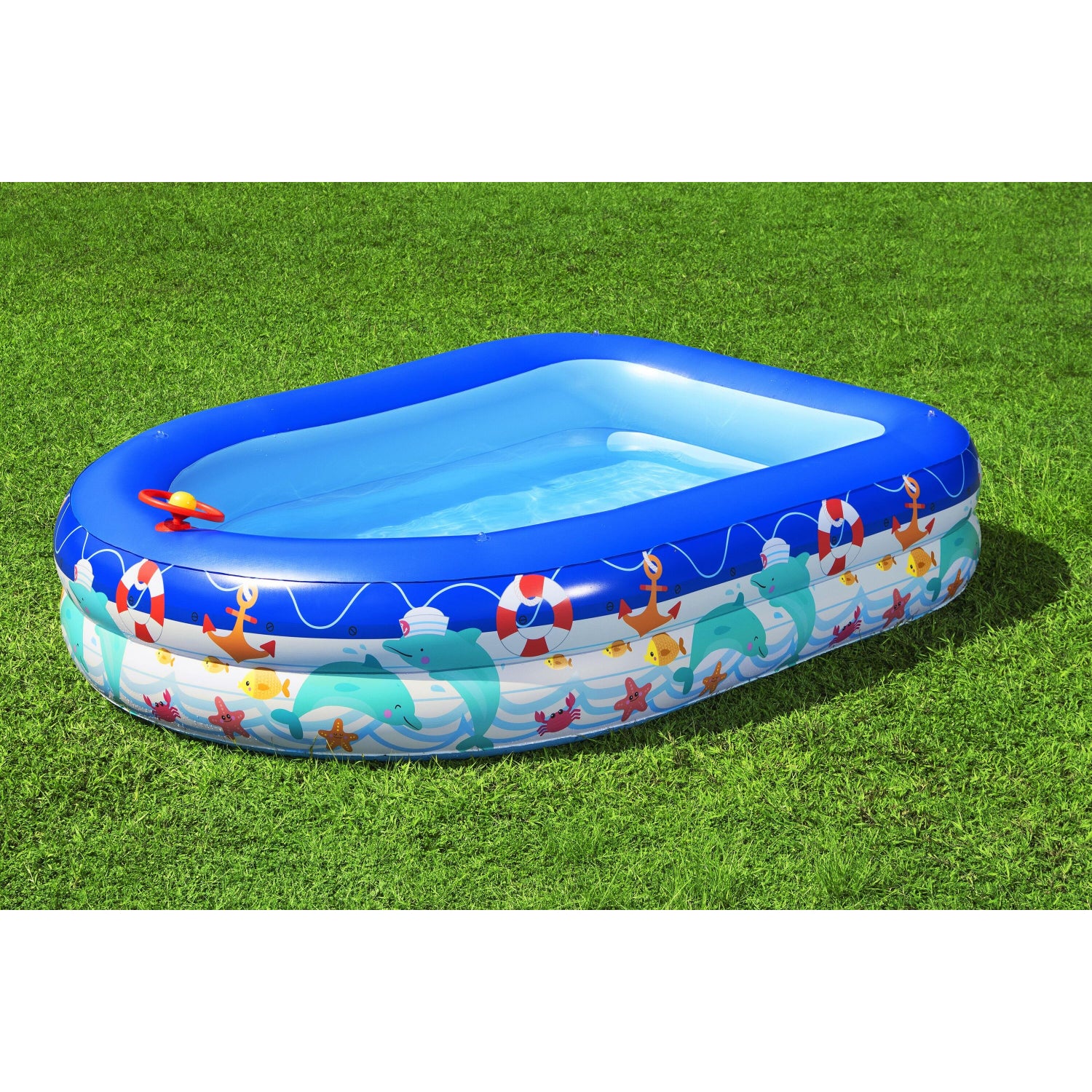 piscina inflable familiar con sombra, azul, vista lateral en jardín