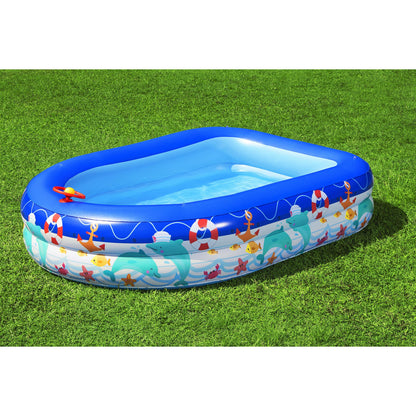 piscina inflable familiar con sombra, azul, vista lateral en jardín