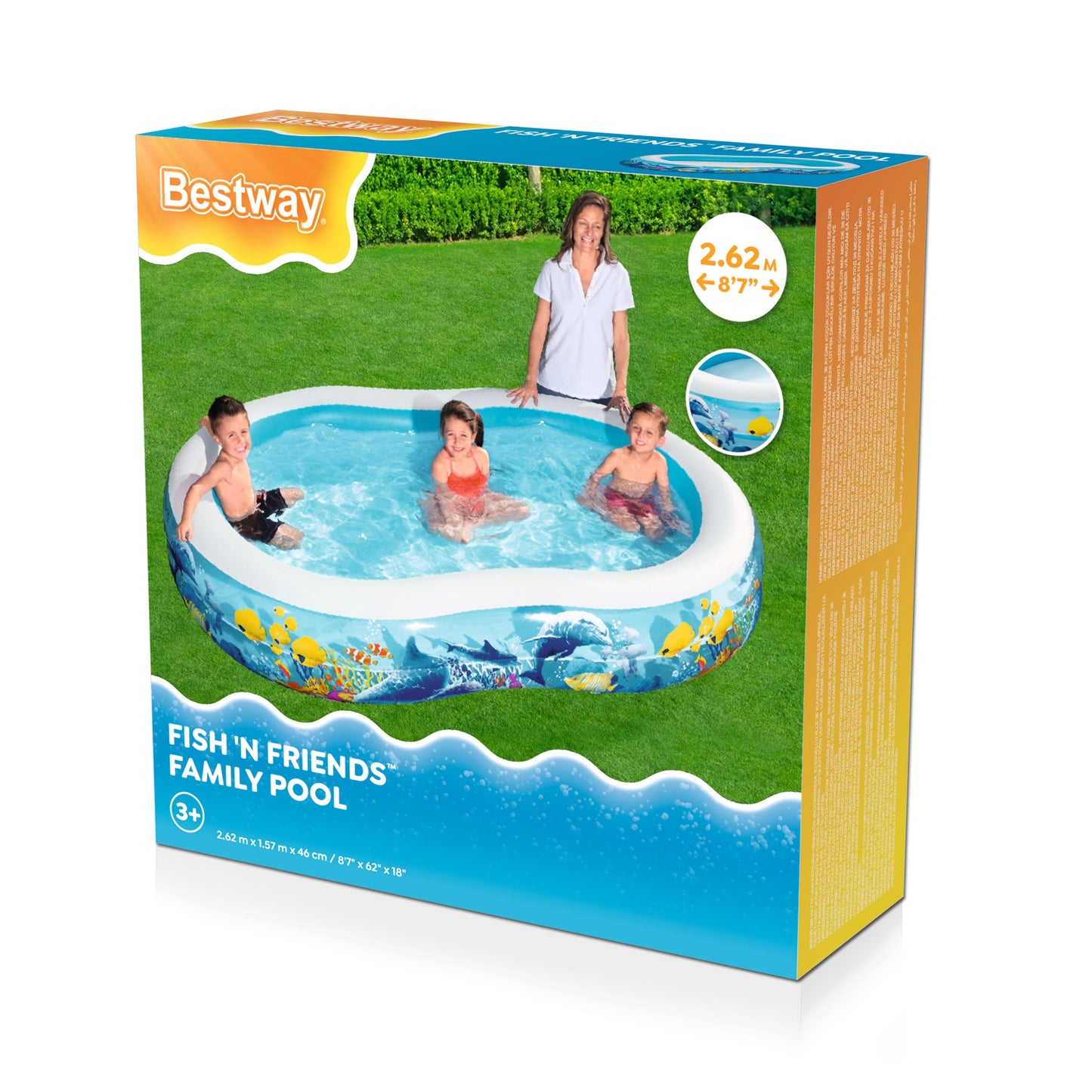 Piscina inflable familiar Bestway, diseño colorido, vista frontal con niños disfrutando