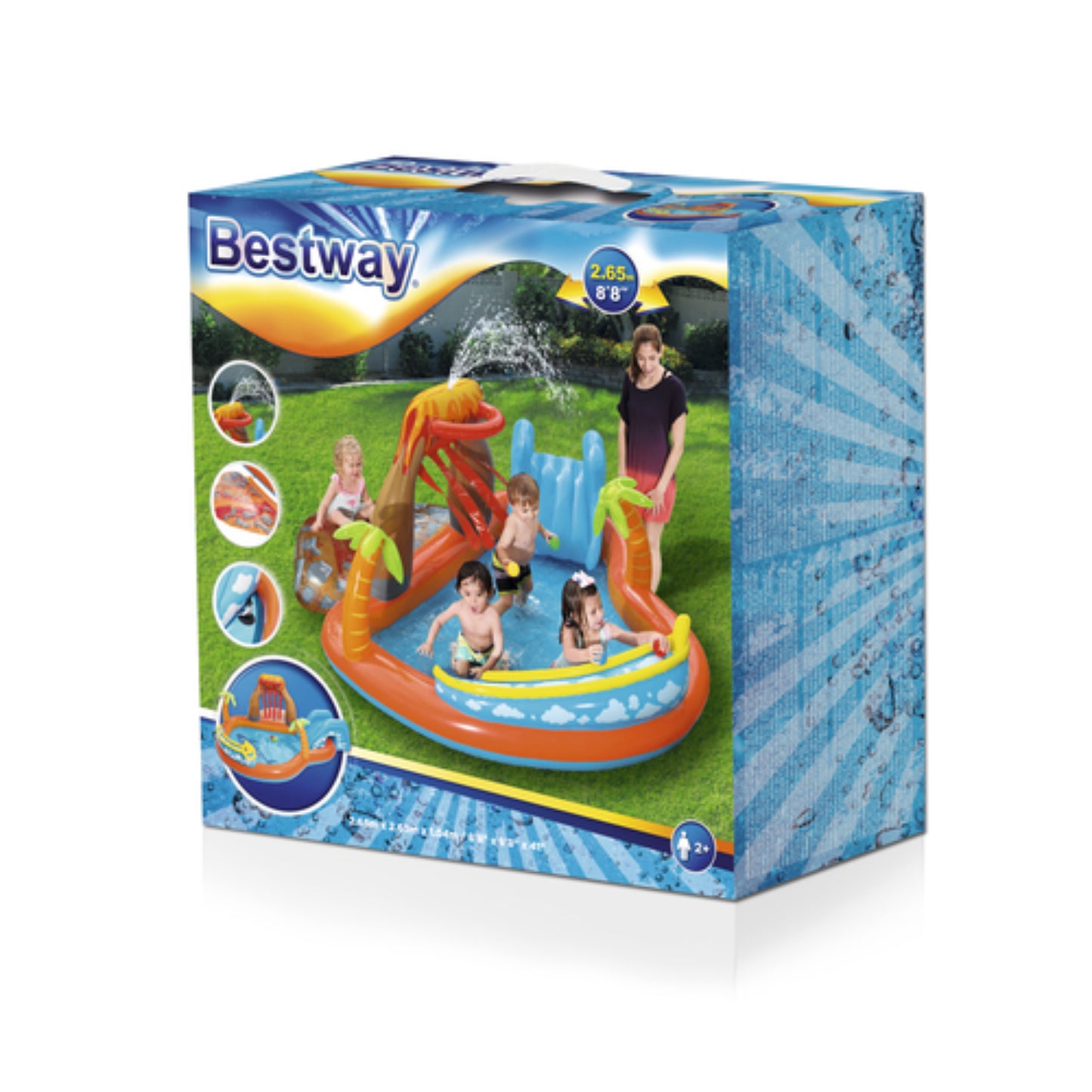 Piscina inflable resistente para verano, color azul y naranja, vista frontal con niños jugando