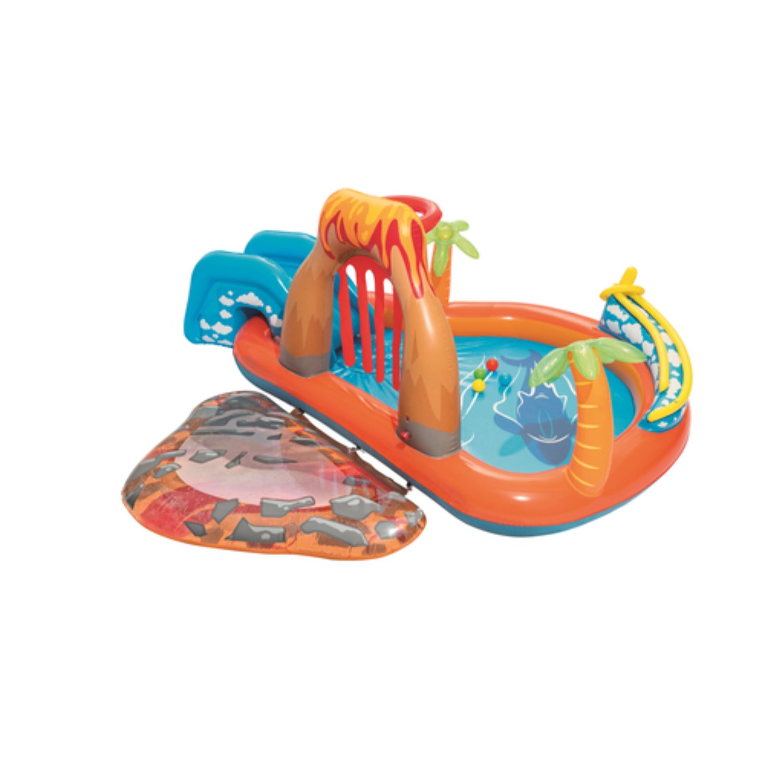 Piscina inflable resistente para verano con tobogán y temática tropical