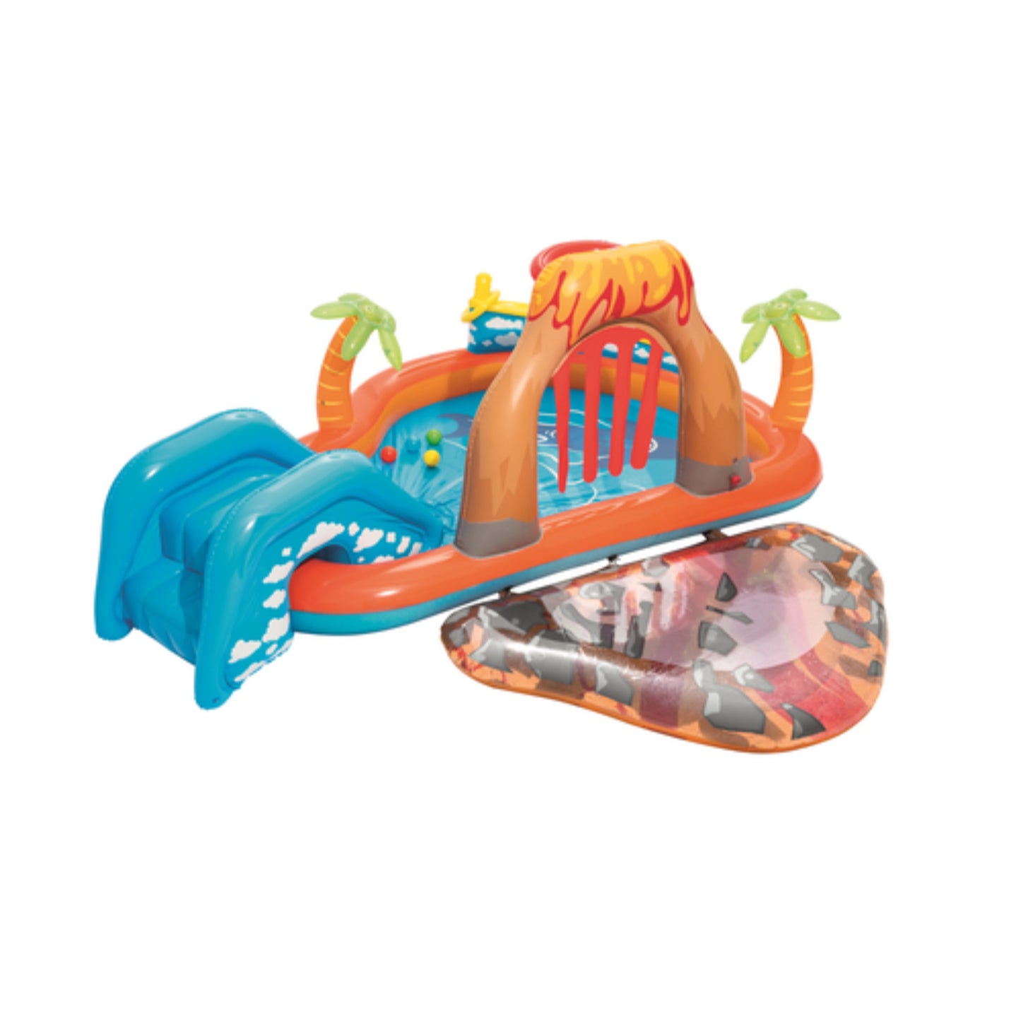 Piscina inflable resistente para verano, color azul y naranja, vista lateral con tobogán y palmeras