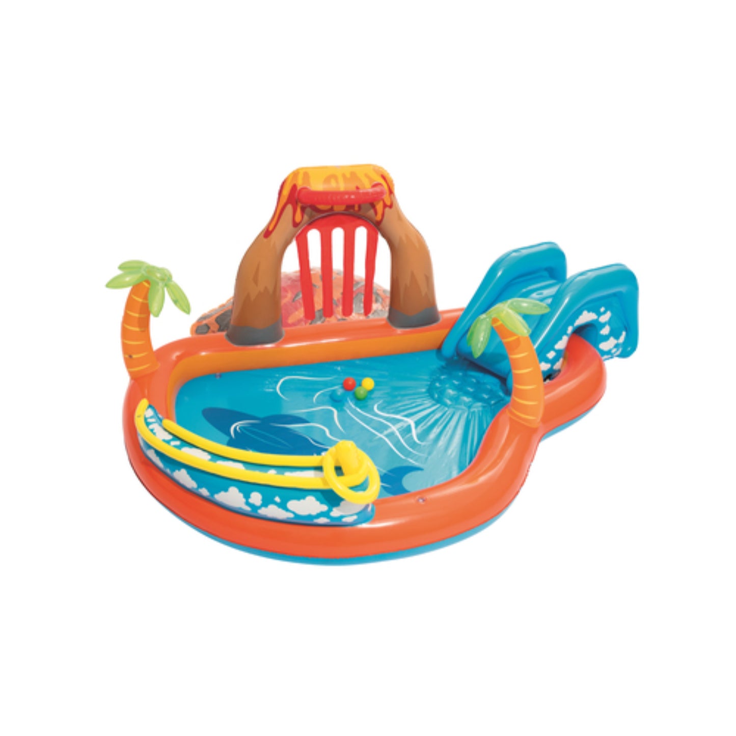 piscina inflable resistente para verano, color naranja y azul, vista lateral con tobogán