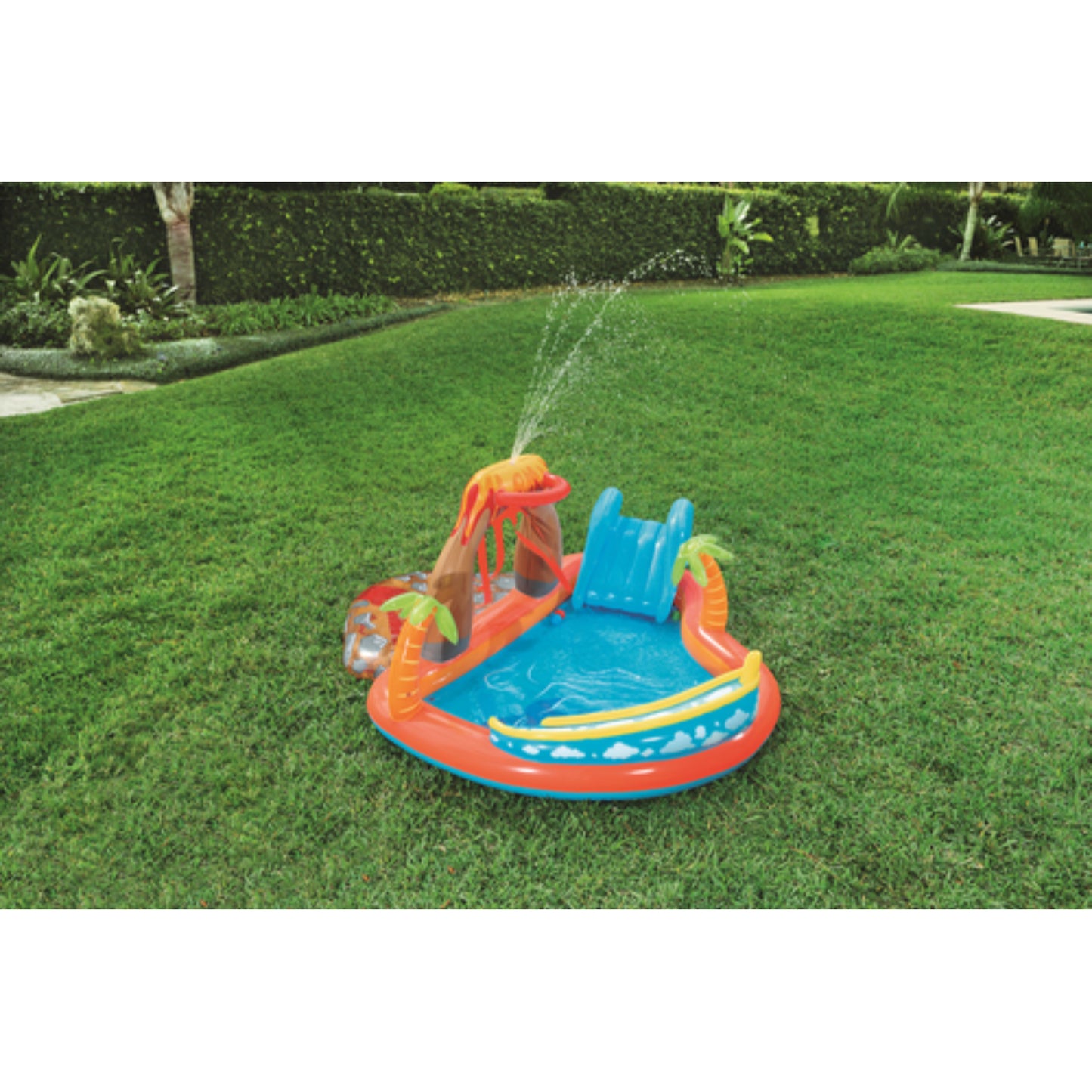 piscina inflable resistente para verano, color naranja y azul, jardín con tobogán y chorros de agua