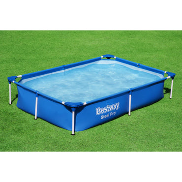 piscina rectangular con tubos Bestway, color azul, vista lateral en jardín