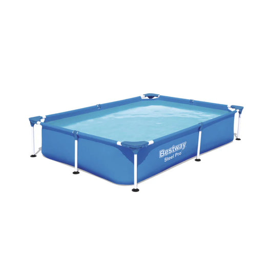 Piscina rectangular con tubos Bestway, azul, vista lateral en jardín con agua