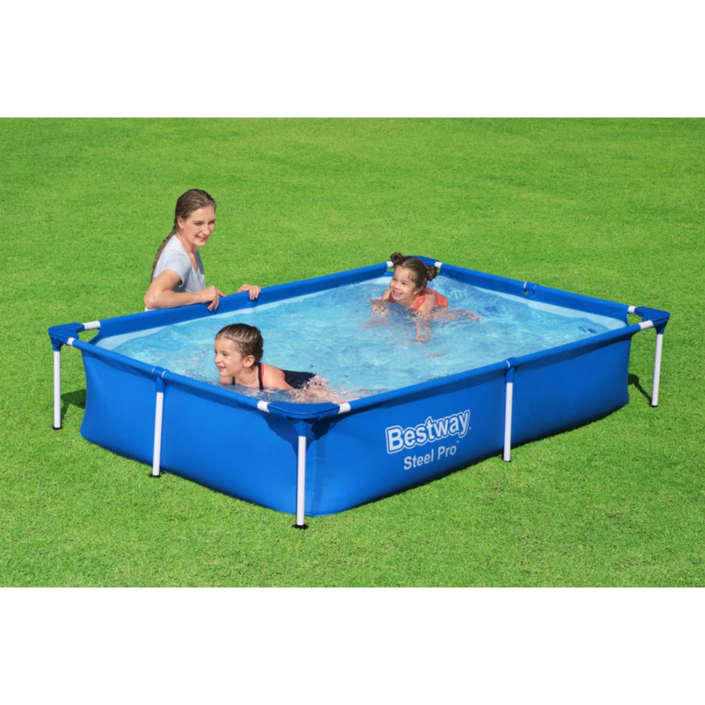 piscina rectangular con tubos Bestway azul, niños disfrutando en el jardín