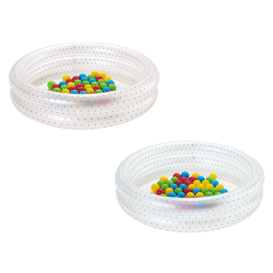 Piscina redonda de 3 niveles, inflable blanca con bolas de colores en interior, vista lateral