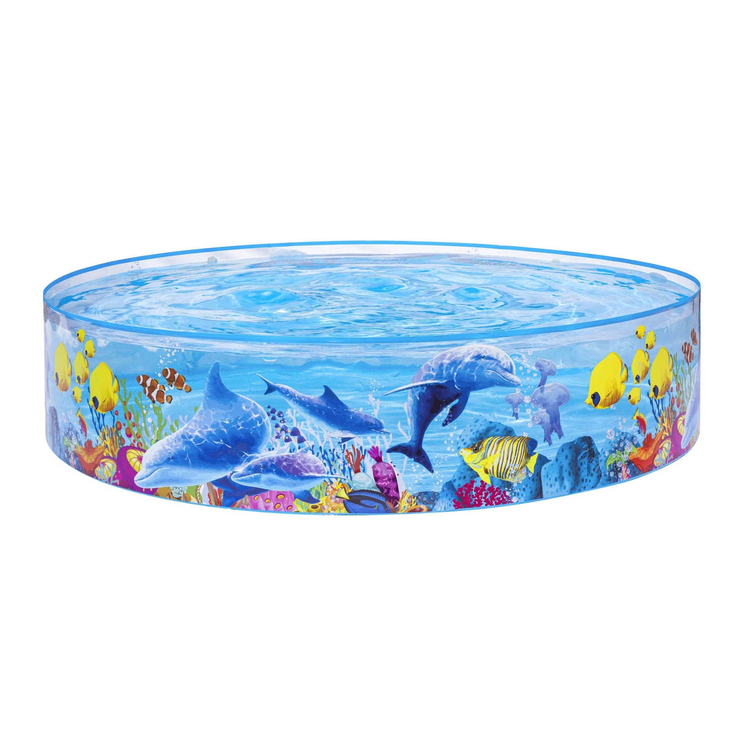 piscina redonda infantil diseños marinos, azul con estampado de delfines y peces coloridos