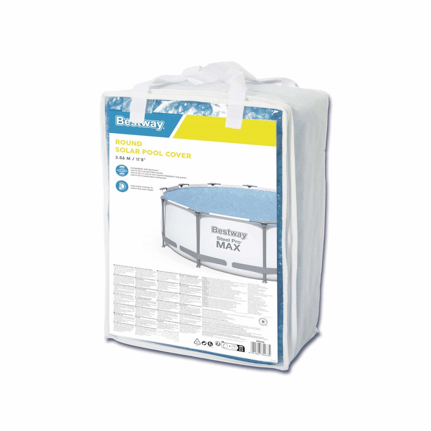 Tapa protectora piscina desmontable Bestway, modelo redonda, vista frontal en paquete