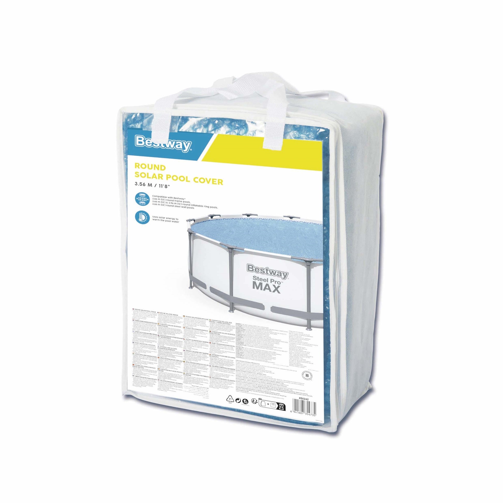 Tapa protectora piscina desmontable Bestway, modelo redonda, vista frontal en paquete