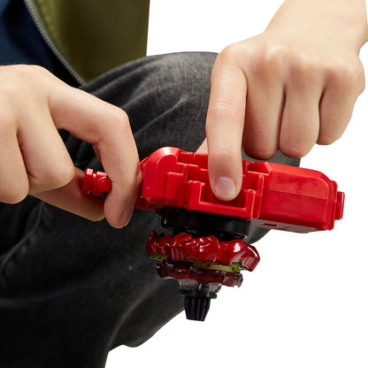 Lanzador rojo para juego de batalla, niño preparándose para girar
