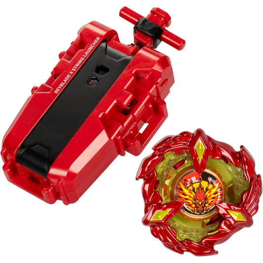 Lanzador rojo con peón Beyblade para batallas emocionantes