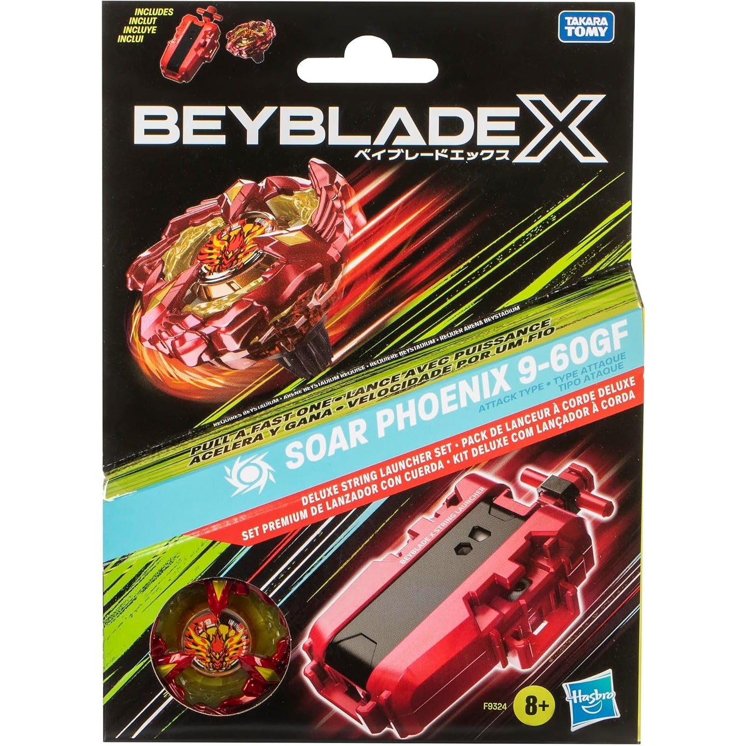 Beyblade X Soar Phoenix lanzador rojo, paquete frontal con energía de lanzamiento