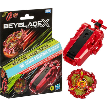 Lanzador Beyblade X rojo con diseño de Soar Phoenix y paquete