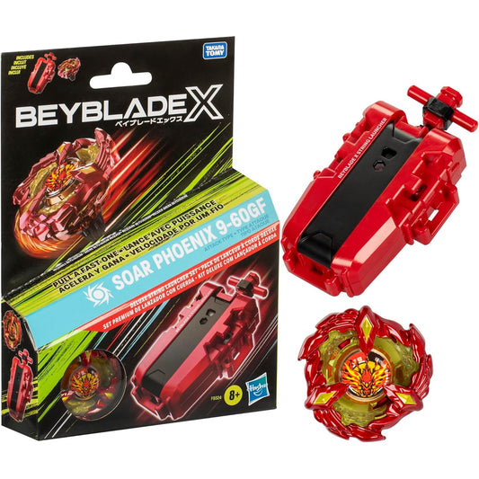 Lanzador Beyblade X rojo con diseño de Soar Phoenix y paquete