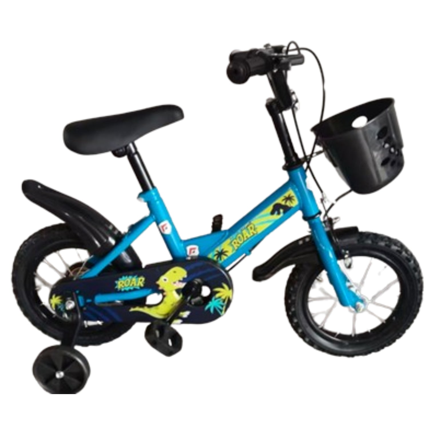 Bicicleta infantil azul con cesta y ruedas de apoyo, vista lateral