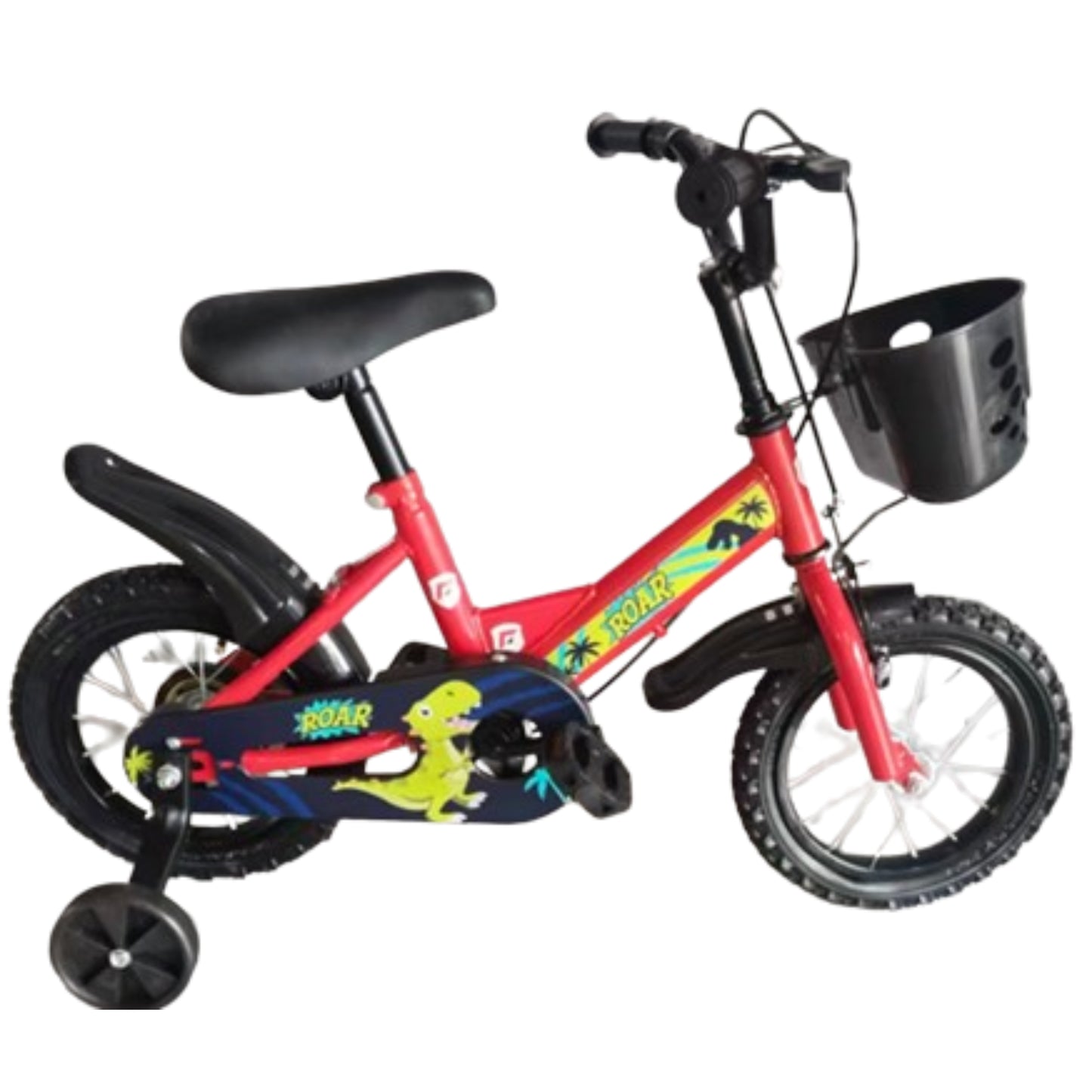 Bicicleta infantil roja con detalles de dinosaurios, vista frontal, para niños