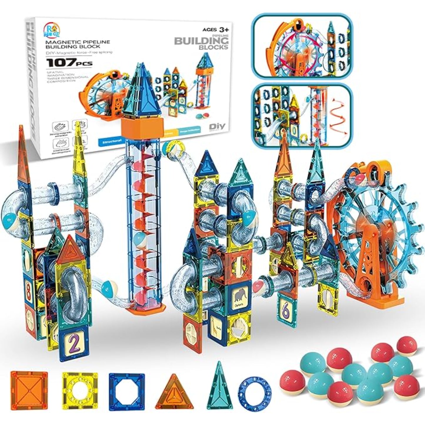 Bloques de construcción magnéticos coloridos, juego de estrategia, 107 piezas, vista general
