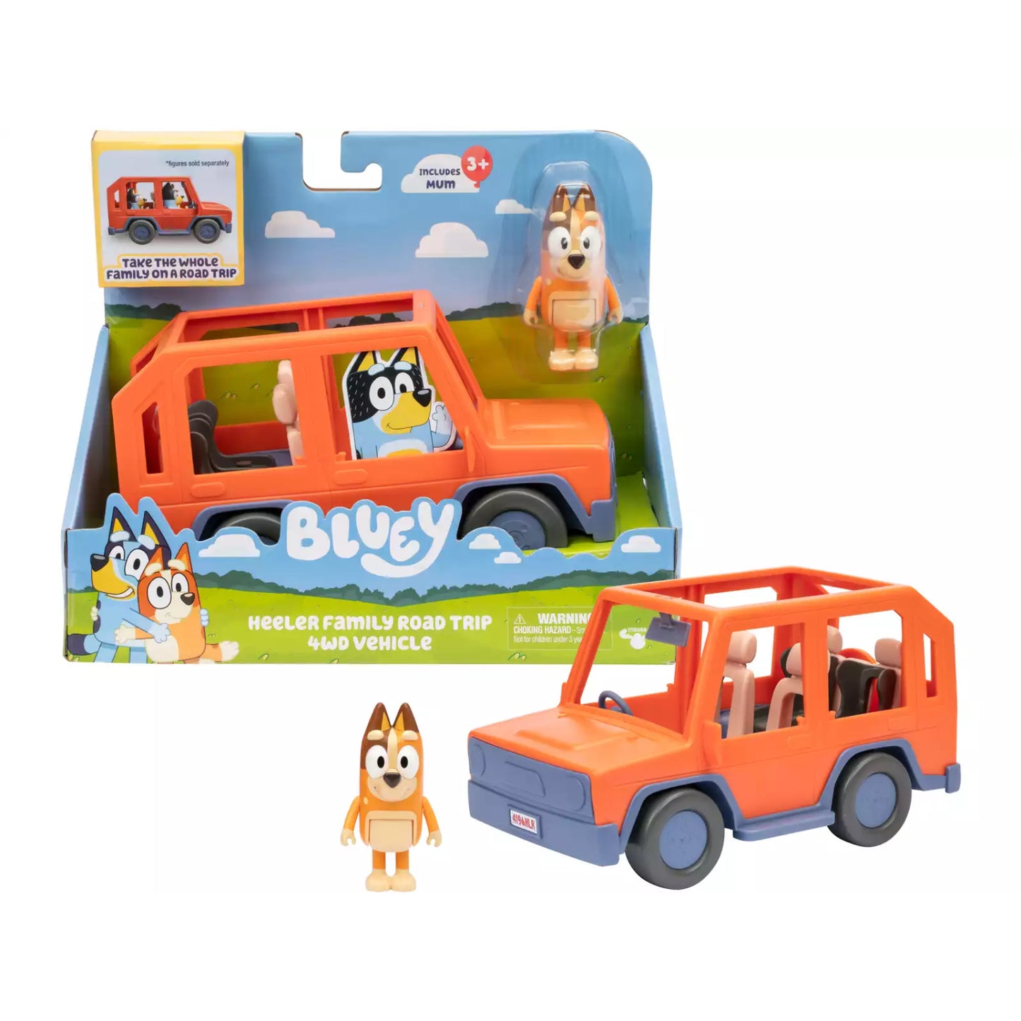 Carro naranja de Bluey con figura, vista frontal, juego creativo para niños