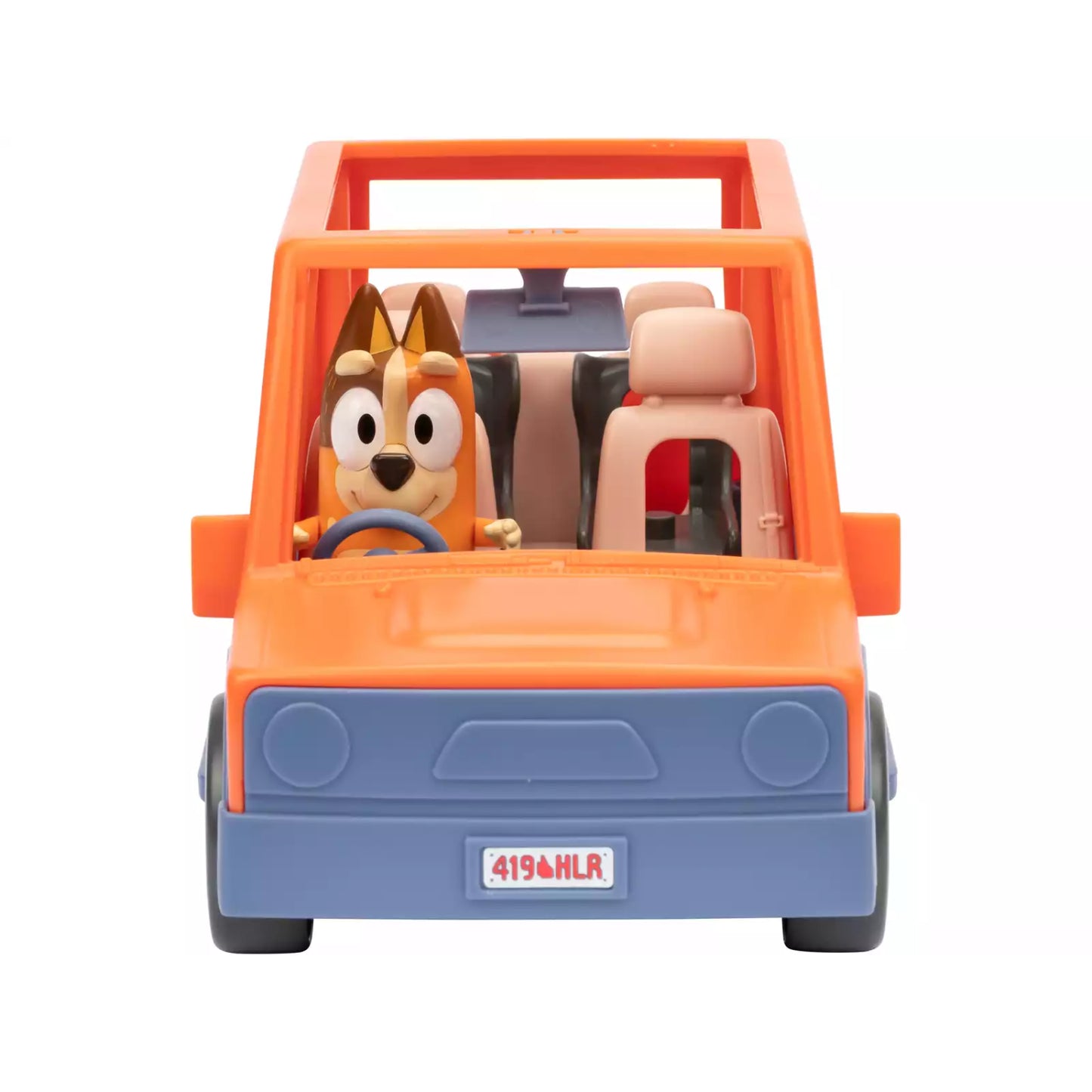 Carro naranja con figura de perro al volante, juguete para niños