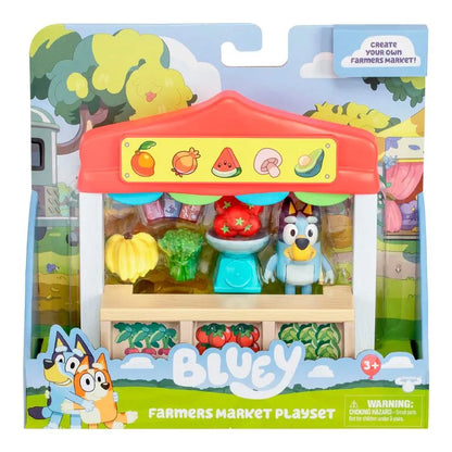 Juego de mercado de agricultores Bluey, figuras coloridas y frutas en estante