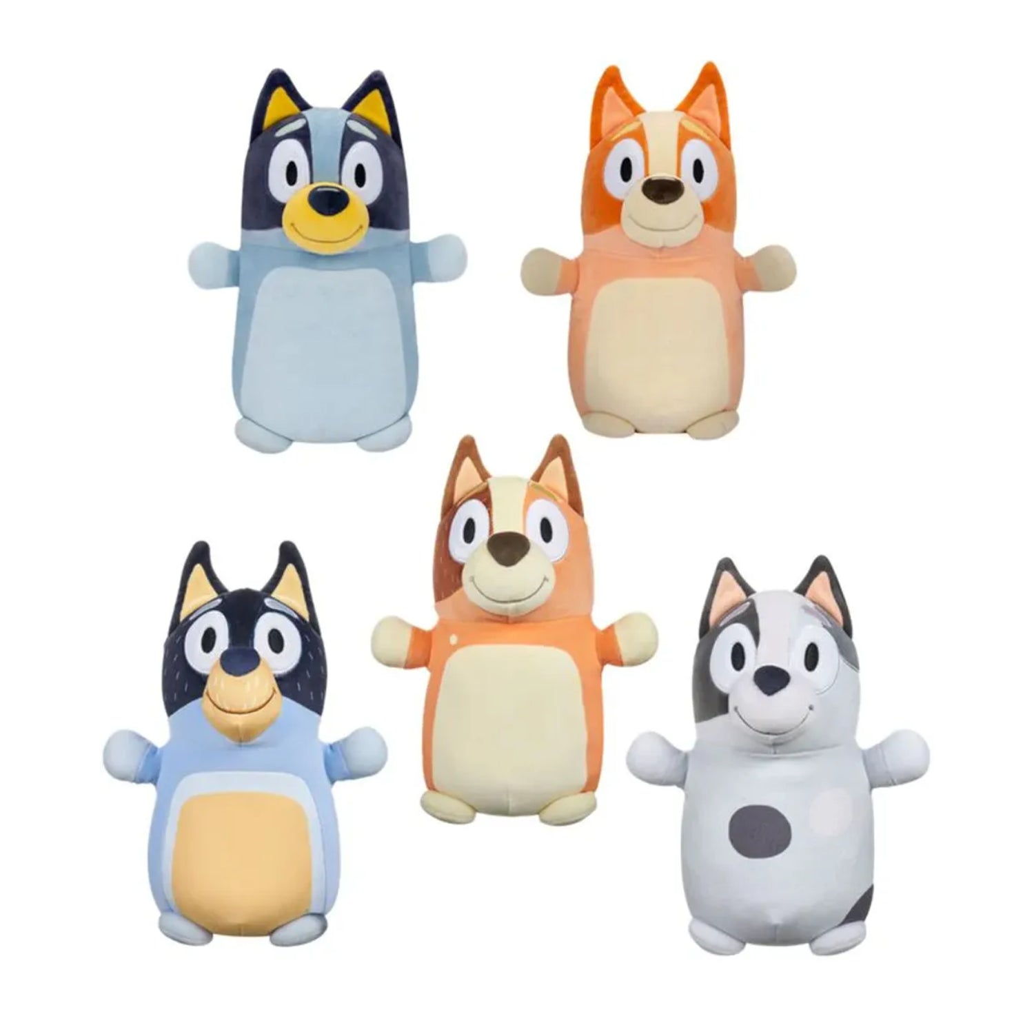 Muñecos de peluche coloridos de Bluey, vista frontal agrupados en familia