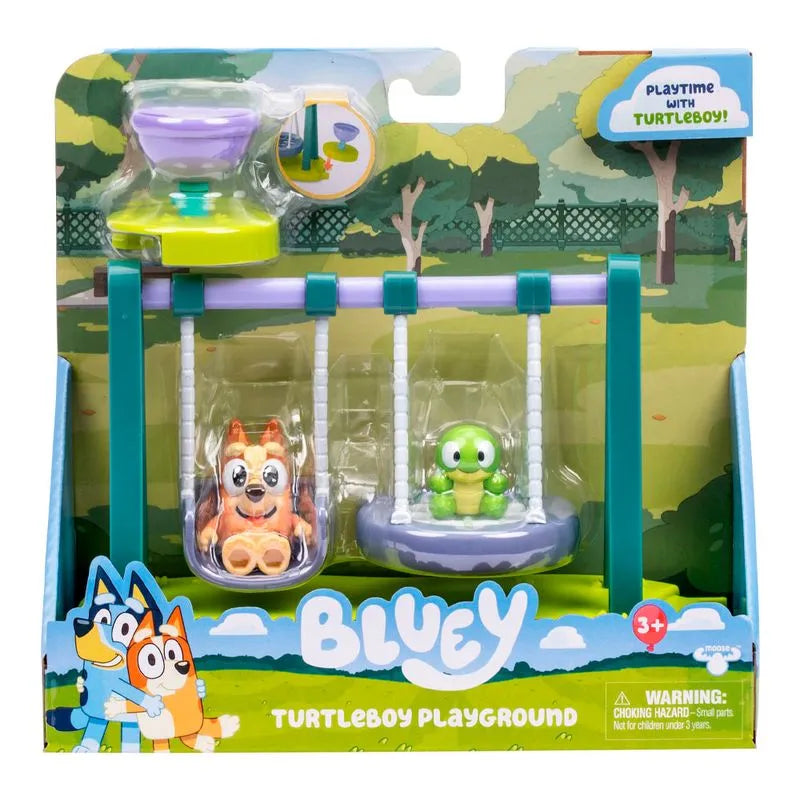 Juego de Bluey Turtleboy Playground con figuras en columpios, colorido y divertido