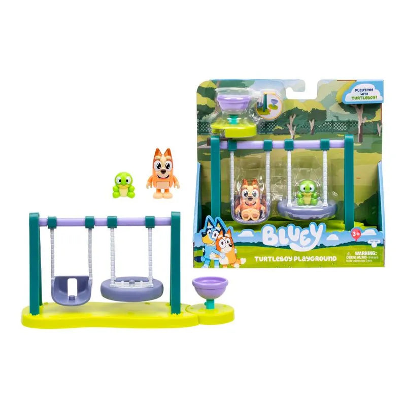 Juguete de parque de aventuras Bluey con columpios y figuras de acción en color verde y azul