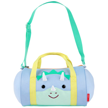 bolsa de lona azul con cara de dinosaurio, vista frontal, ideal para niños