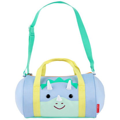 bolsa de lona azul con cara de dinosaurio, vista frontal, ideal para niños