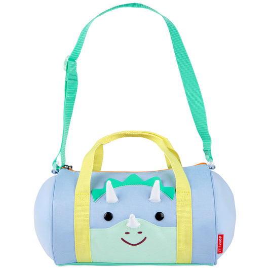 bolsa de lona azul con cara de dinosaurio, vista frontal, ideal para niños