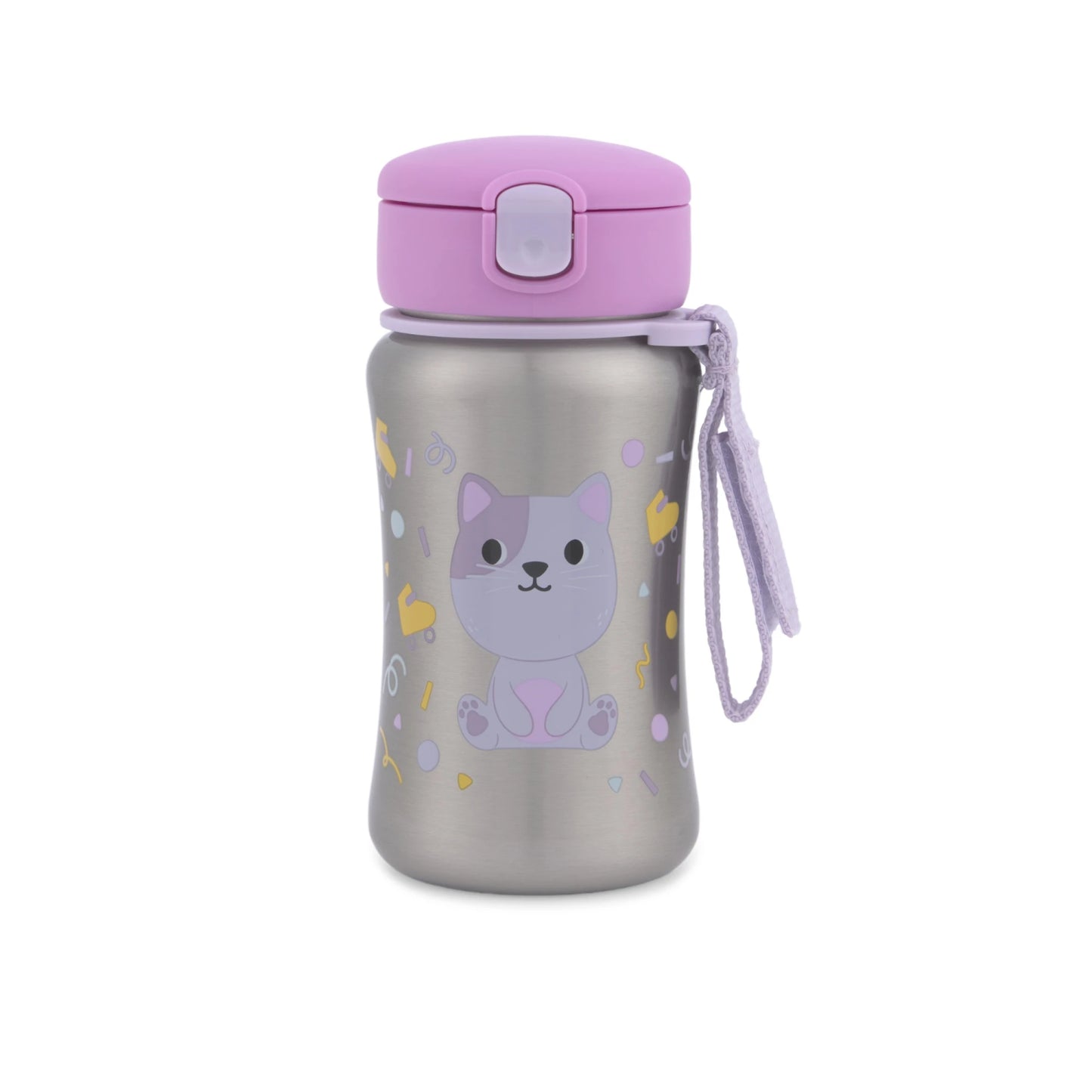 Botella SKIP*HOP gris con diseño de gato, vista frontal