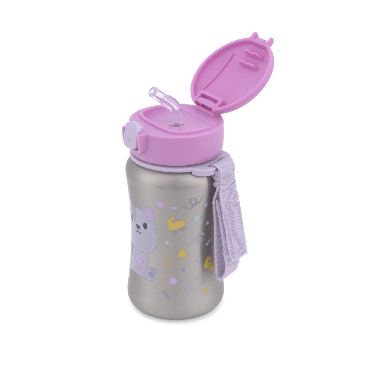 Botella de acero inoxidable SKIP*HOP con diseño de oso, vista lateral, ideal para niños