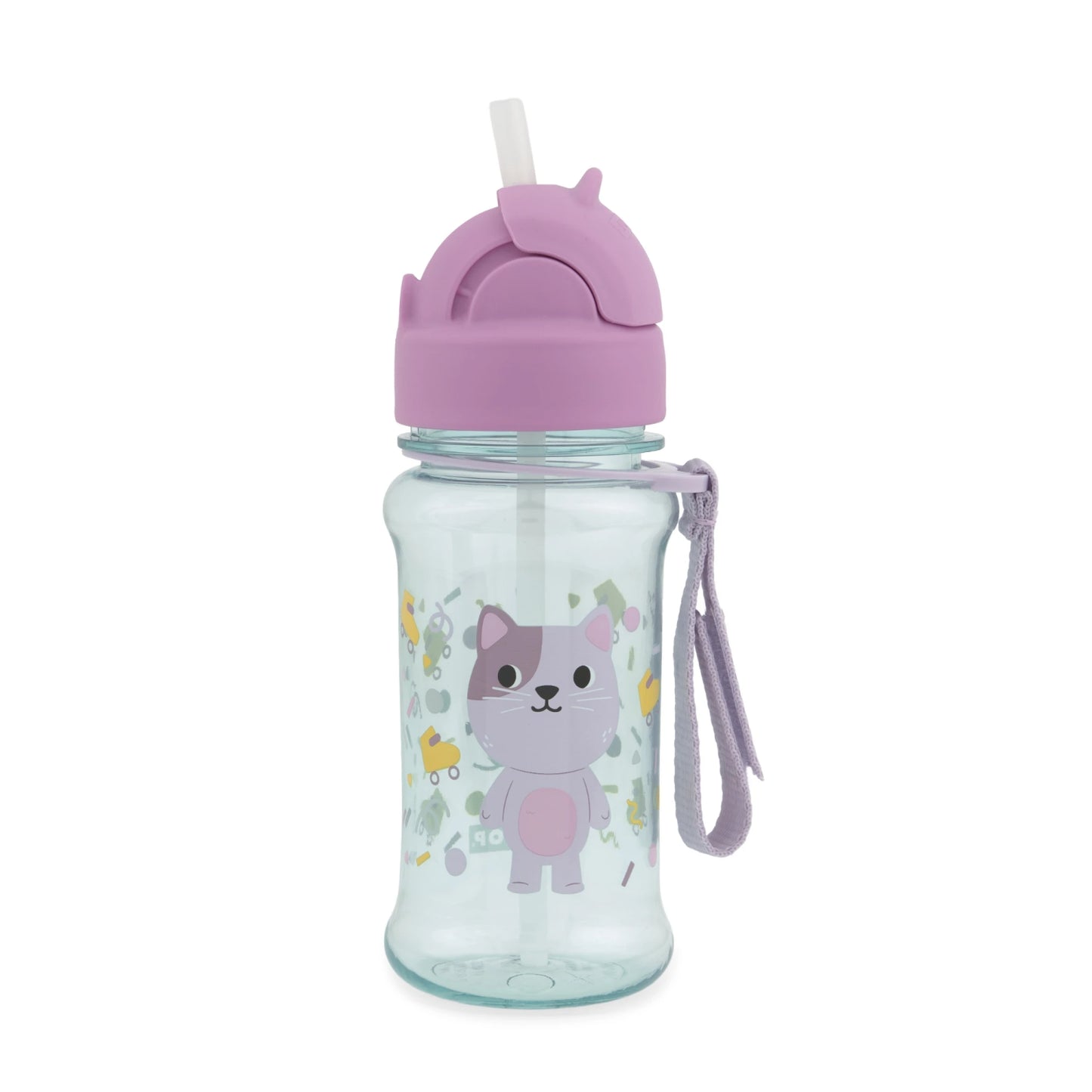Botella SKIP*HOP con diseño de gato, color morado y tapa con popote