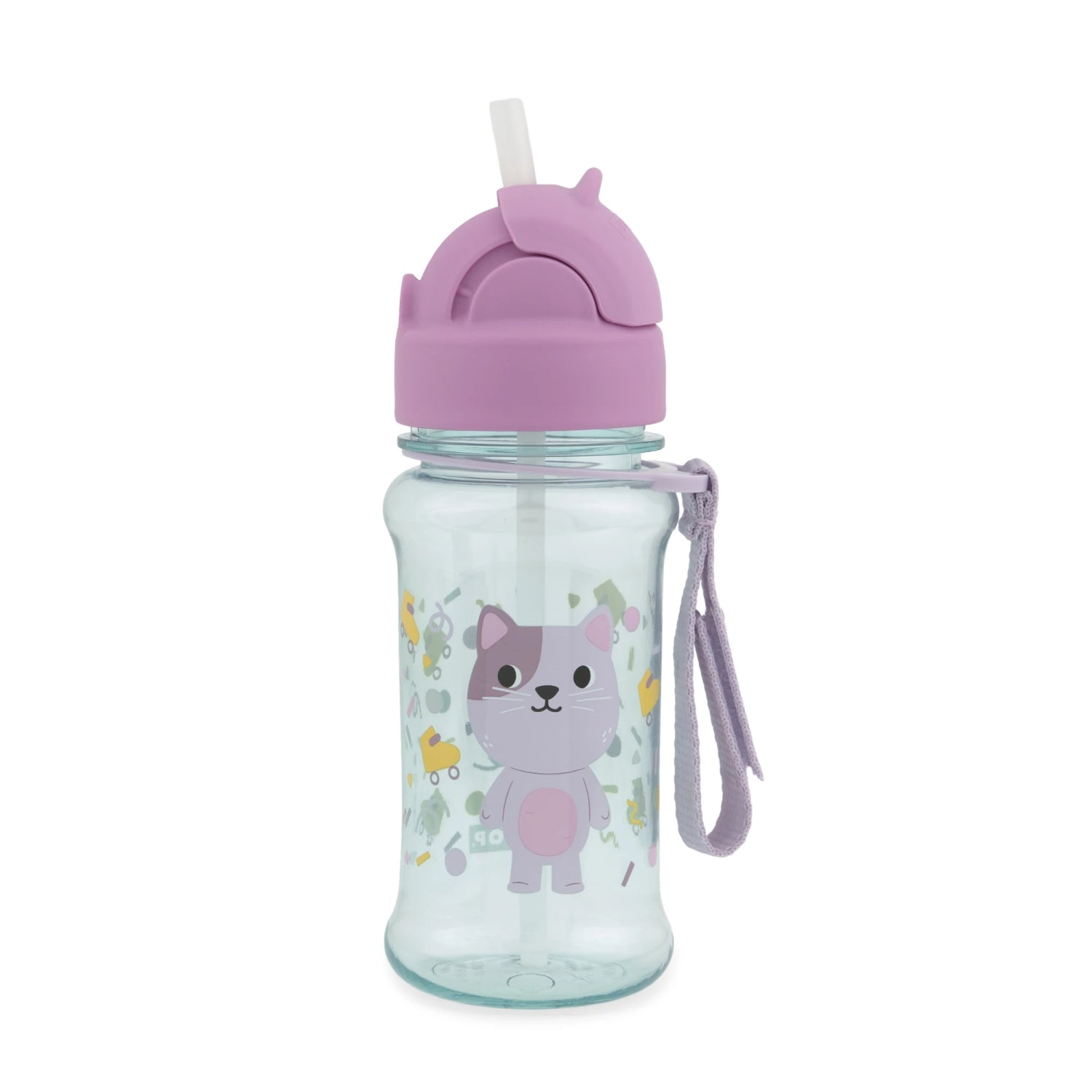 Botella SKIP*HOP con diseño de gato, color morado y tapa con popote