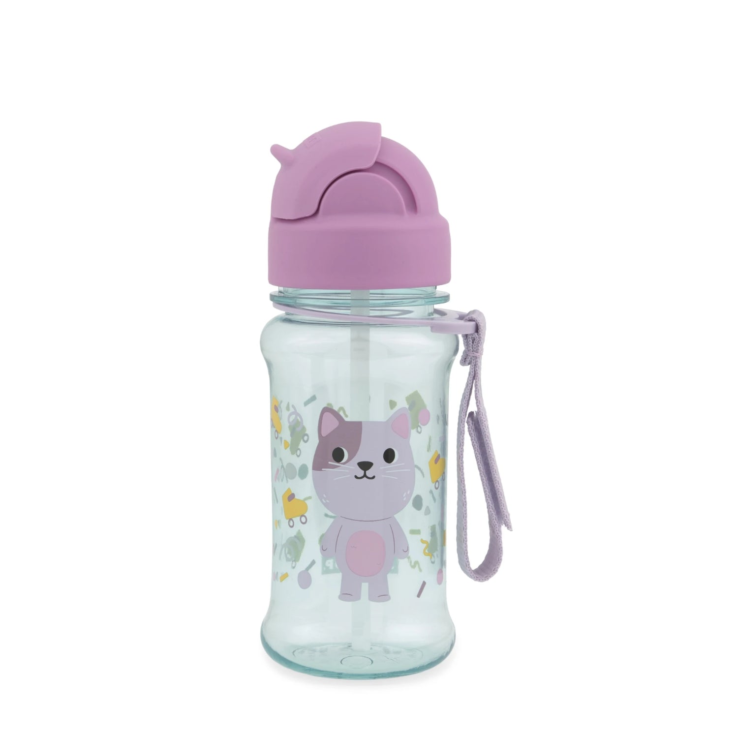 Botella de agua SKIP*HOP rosa con diseño de gato, vista frontal