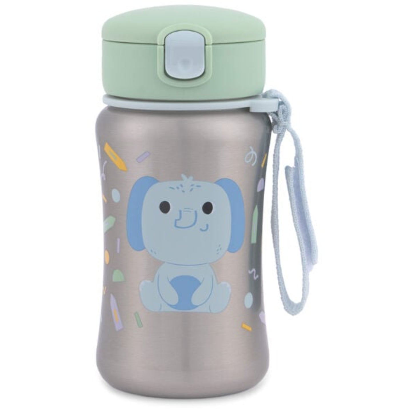 Botella SKIP*HOP metalizada con diseño de perro y tapa verde
